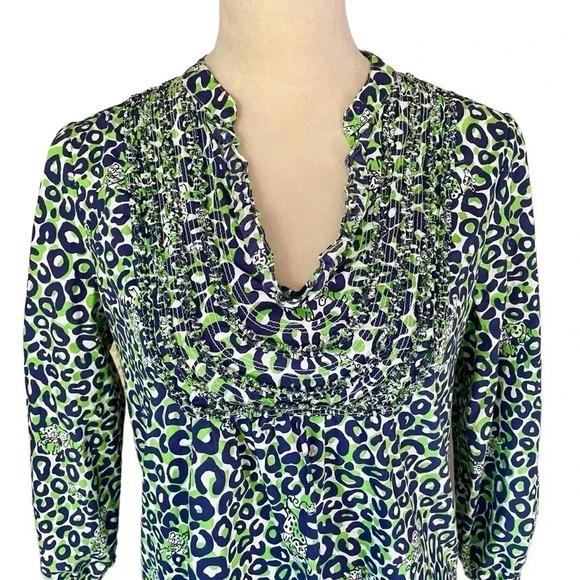 Lilly Pulitzer Thrill of the Chase Animal Cheetah Prt Blue Green Cotton Top Sz M - Picture 5 of 9